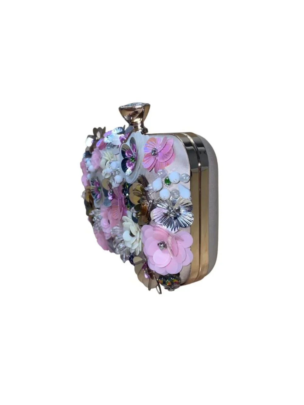 Women’s Pink Floral Embellishment With Chain Strap & Handle Clutch Purse